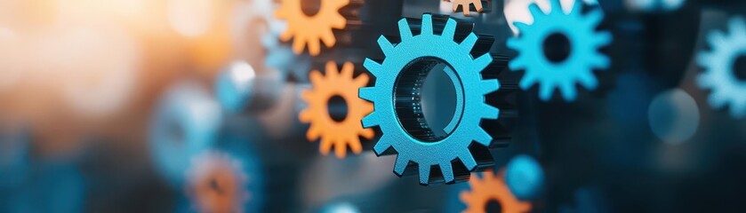 Fototapete - Process improvement, gears and cogs in motion, 3D illustration