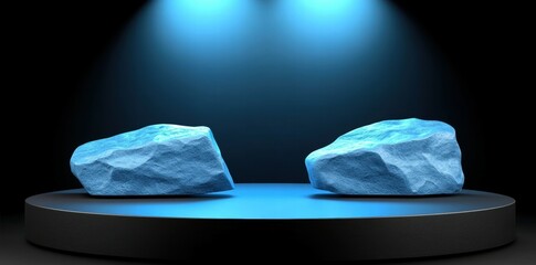 Poster - Two blue rocks illuminated on a circular stage with dramatic lighting.