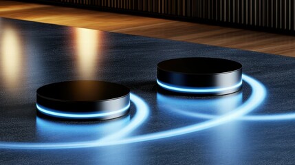 Aufkleber - Two sleek, circular devices with glowing edges on a reflective surface, suggesting technology use.