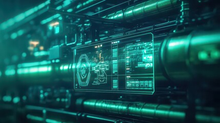 Poster - Refinery complex, glowing pipelines with holographic controls, AI robots working on maintenance, bright green techinspired lighting, futuristic concept art