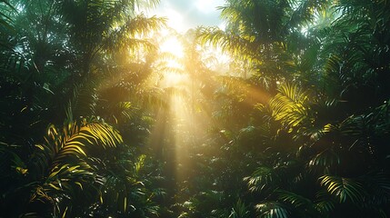 Canvas Print - Sun rays penetrate dense tropical rainforest canopy, lush green foliage.