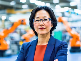 Poster - Confident Business Woman in Formal Suit Wearing Glasses Standing Authoritatively in Front of Advanced Robots in a Futuristic Office Environment
