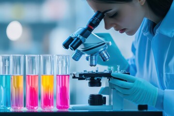 Leinwandbilder - Focused Scientist in Laboratory Gazing Through Microscope Surrounded by Scientific Equipment and Research Materials in a Bright and Organized Space