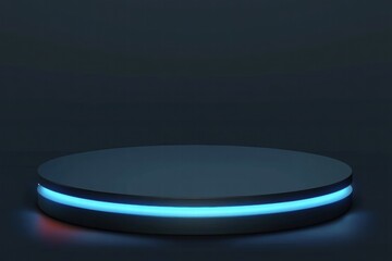 Poster - A minimalist circular platform with blue lighting in a dark environment.