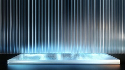 Poster - A sleek, illuminated stage with a corrugated backdrop, suitable for presentations or performances.