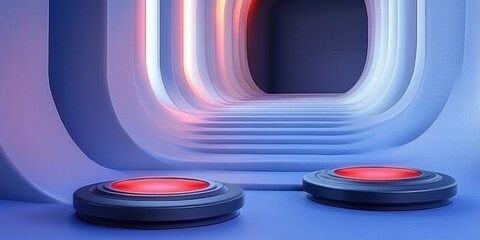Poster - A futuristic corridor with illuminated arches and two glowing red buttons.