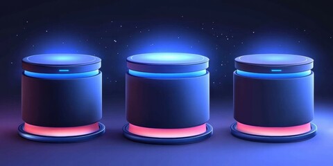 Aufkleber - Three futuristic cylindrical devices with glowing bases and a cosmic background.
