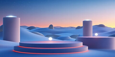 Poster - A serene landscape featuring futuristic podiums against a twilight sky.