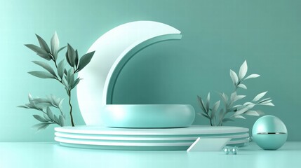 Poster - A minimalist display featuring a crescent shape, bowl, and plants in soothing teal tones.