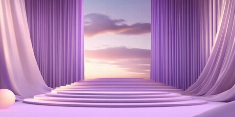 Leinwandbilder - A serene stage with purple drapes and steps leading to a scenic view at sunset.