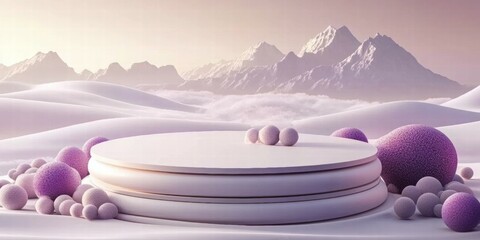 Aufkleber - A serene landscape featuring abstract shapes on a snowy terrain with mountains in the background.