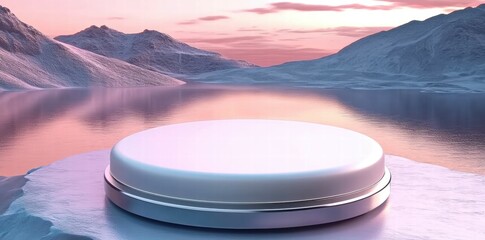 Poster - A minimalist podium on ice, reflecting a serene landscape at sunset.