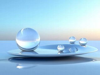 Poster - A serene arrangement of glass-like spheres on a reflective surface under a soft gradient sky.
