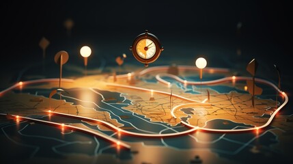 Wall Mural - Paper cut concept of a digital map with travel routes and GPS, ambient light, space in the center,generative ai illustration