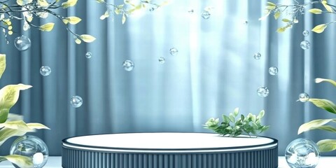 Poster - A serene stage with bubbles and greenery, ideal for presentations or events.