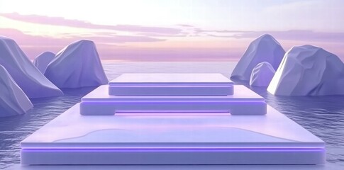 Poster - A serene digital landscape featuring tiered platforms above calm water, illuminated by soft lighting.