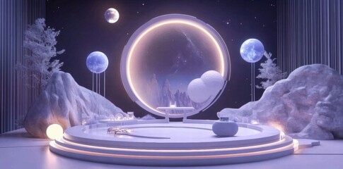 Aufkleber - A serene, futuristic landscape with celestial elements and minimalist design.