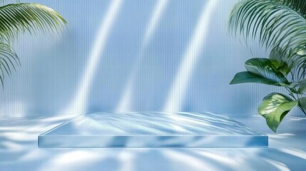 Leinwandbilder - A serene, minimalist display area with soft lighting and tropical plants.