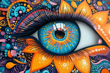Poster - Vibrant eye artwork featuring intricate designs and bright colors with floral elements in a surreal setting. Generative AI