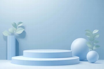 Poster - A minimalist blue scene with circular platforms and decorative plants.