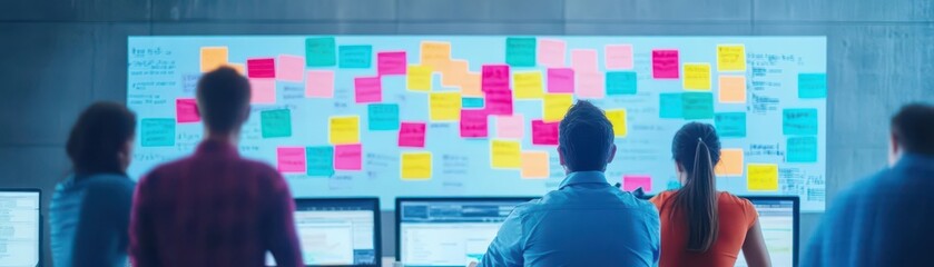 Poster - Group of people engaged in creative brainstorming session while examining colorful sticky notes on a wall fostering collaboration and innovation