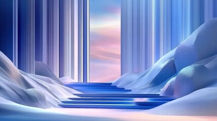 Poster - A serene, futuristic landscape with icy textures and a glowing portal.