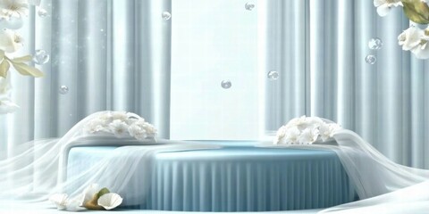 Poster - A serene display featuring a light blue cake surrounded by white flowers and draped fabric.