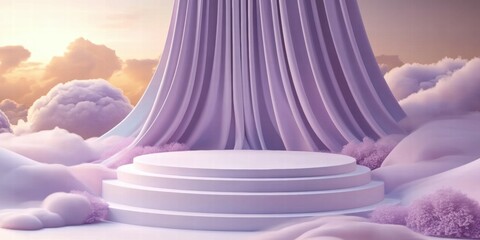 Aufkleber - A serene, pastel-hued stage surrounded by clouds, suggesting a dreamy or fantastical setting.