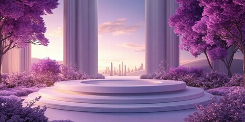 Poster - A serene, purple-hued landscape with columns and a circular platform overlooking a city.