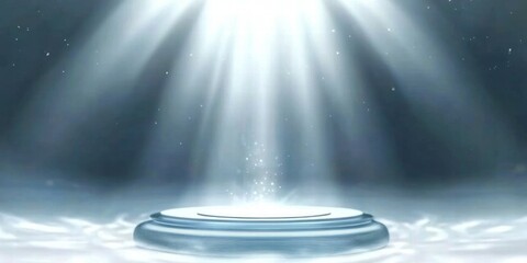Poster - A serene light beam illuminates a circular platform in a misty environment.