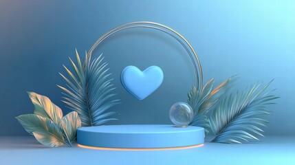 Poster - A minimalist display featuring a heart shape, glass sphere, and tropical leaves on a pedestal.