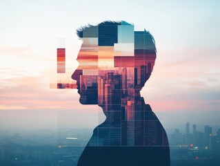 Aufkleber - Urban set imagery interlaced with gridlike lines copy space muted shades double exposure silhouette with cityscapes