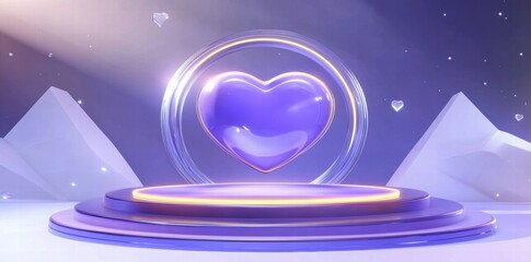 Poster - A glossy purple heart in a circular frame on a stage with a starry background.