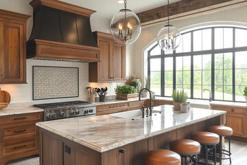 Wall Mural - Luxurious Kitchen Island with Granite Countertops and Wood Cabinets