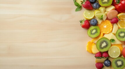 Poster - Vibrant fruit and vegetable platter on a wooden table, natural light, top-down angle emphasizing colorful, healthy choices