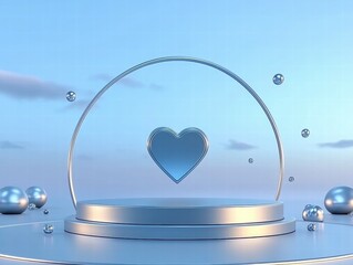 Poster - A minimalist 3D scene featuring a heart shape on a pedestal with floating spheres.