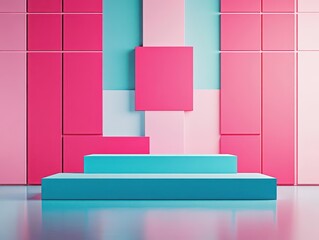 Leinwandbilder - Vibrant Pink and Blue Wall with Complementary Blue Bench Creating a Playful and Inviting Urban Space Ideal for Relaxation and Creative Expression