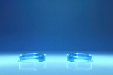 Aufkleber - Two transparent circular objects on a reflective surface with a blue background.
