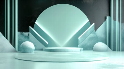 Poster - A minimalist stage design featuring geometric shapes and soft lighting for presentations or events.