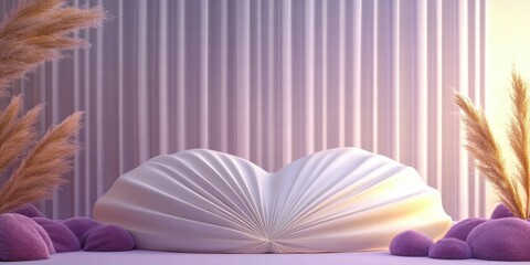 Aufkleber - A stylized, soft-shell sculpture surrounded by pastel stones and grasses in a serene setting.
