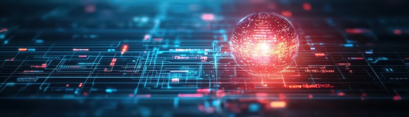 Poster - Futuristic Coin Glowing Brightly Against a Complex Digital Background Representing Advanced Technology and Modern Financial Concepts of Tomorrow