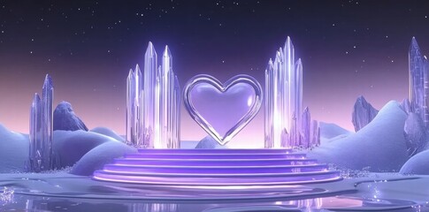 Poster - A serene, crystal-like heart structure surrounded by icy landscapes and a starry sky.