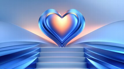 Poster - A stylized heart shape in blue tones, illuminated, set on steps against a gradient background.