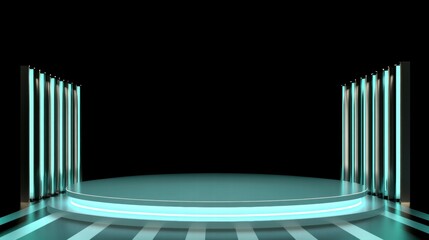 Poster - A modern stage setup with illuminated columns and a circular platform for presentations or performances.