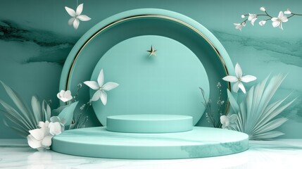 Poster - A serene display featuring circular podiums and floral elements in a calming teal setting.
