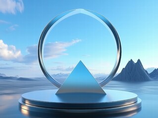 Poster - A reflective geometric display featuring a pyramid and a circular frame over a serene landscape.