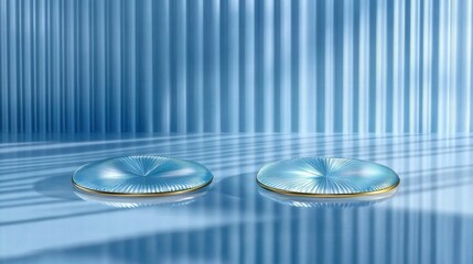 Aufkleber - Two reflective, circular objects on a smooth surface with a soft blue backdrop.