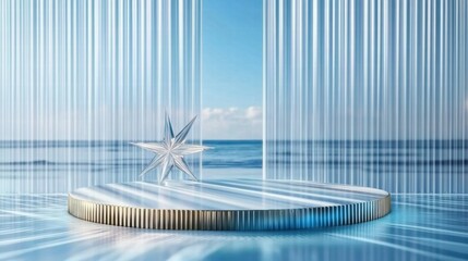 Poster - A serene coastal scene featuring a star-shaped sculpture on a reflective platform.