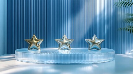 Poster - A serene display featuring three shiny star sculptures on a clear platform against blue stripes.