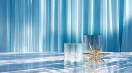 Aufkleber - A serene arrangement of glass objects and a star on a reflective surface with soft blue drapery.